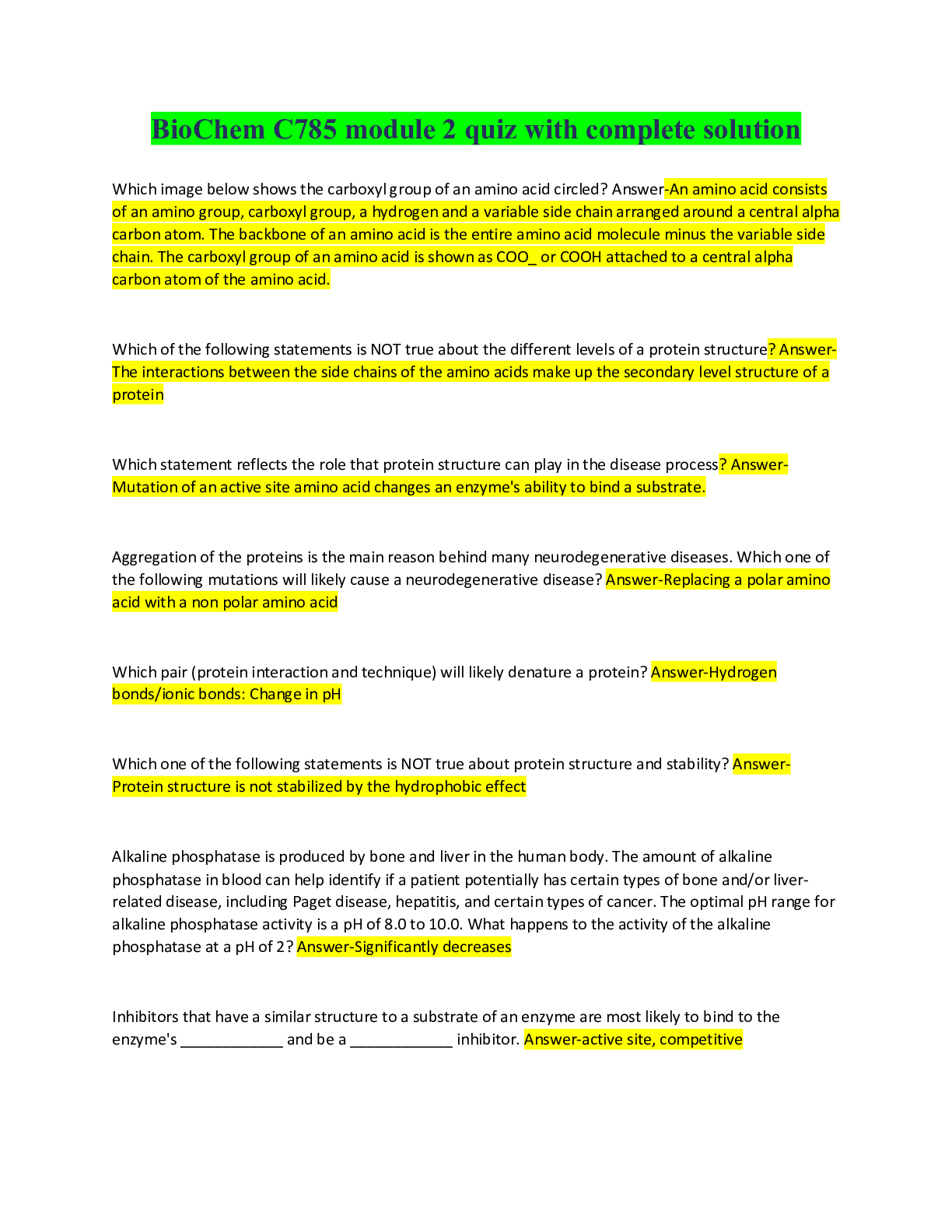Preview image for BioChem C785 module 2 quiz with complete solution
